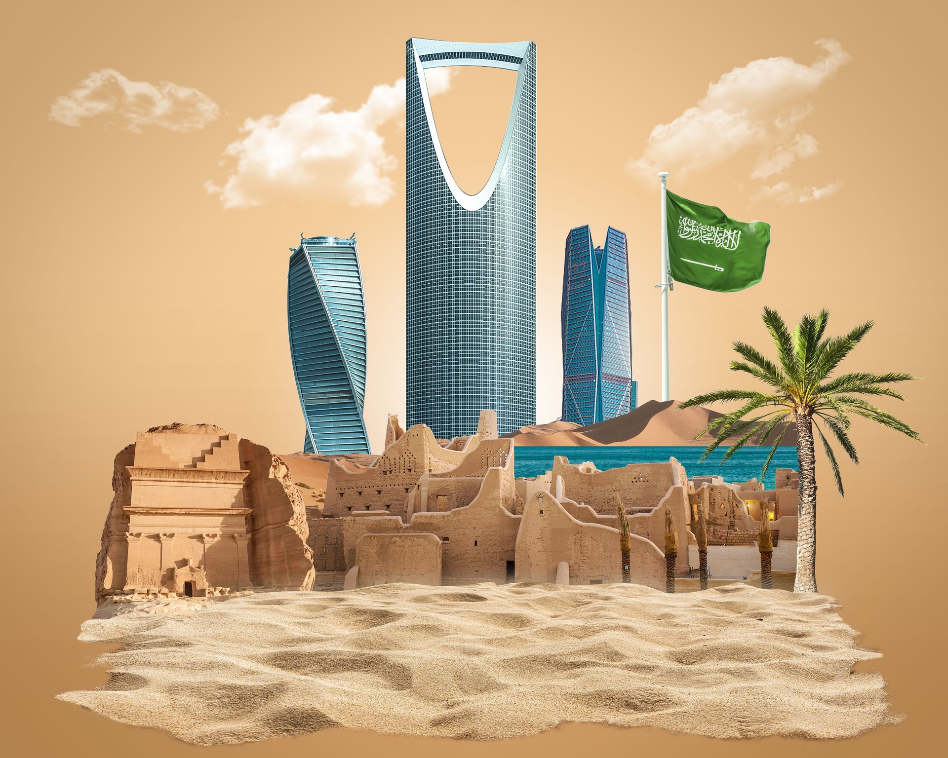 Kingdom of Saudi Arabia skyline with nature. Saudi Arabia flag, celebrating the national day. abstract design template. old arch and dune sand, 3d illustration.